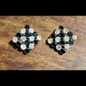 Vintage Black Clear Crystal Checkerboard Statement Clip On Earrings Prong Set